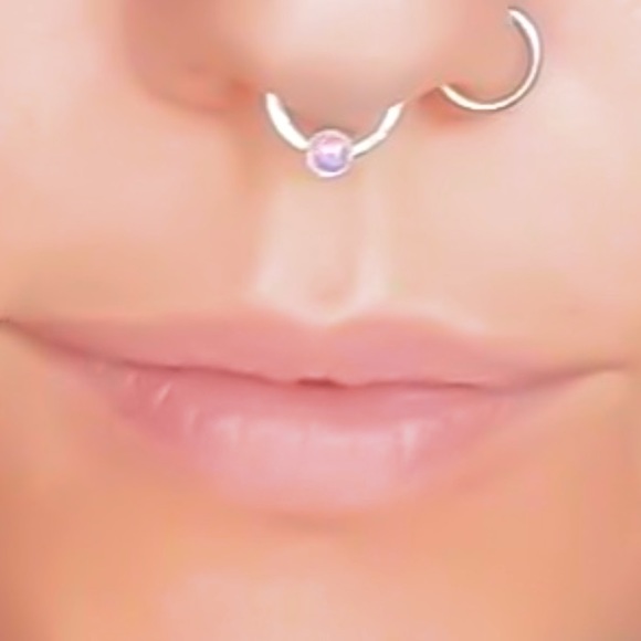 925 Sterling Silver Tiny Purple Opal Septum Ring or Daith Cartilage Hoop Earring - Picture 4 of 11